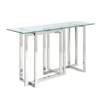 Cid 55 Inch Modern Sideboard Console Table, Glass Top, Steel Base, Chrome