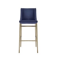 Cid 31 Inch Modern Fabric Bar Stool with Footrest, Set of 2, Blue, Brass
