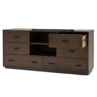 Noe 63 Inch Solid Wood Dresser, 6 Drawers, 1 Shelf, Dark Walnut
