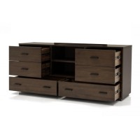 Noe 63 Inch Solid Wood Dresser, 6 Drawers, 1 Shelf, Dark Walnut