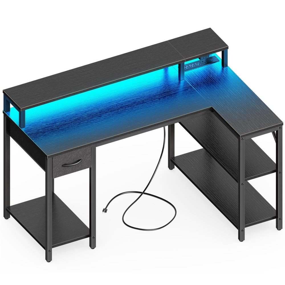 Superjare 47 Inch Reversible L Shaped Desk With Led Lights Power Outlets Computer Desk With Shelves Monitor Stand Gaming D