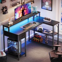 Superjare 47 Inch Reversible L Shaped Desk With Led Lights Power Outlets Computer Desk With Shelves Monitor Stand Gaming D