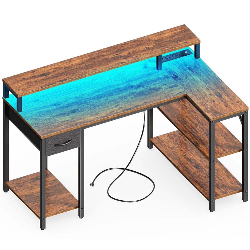 Superjare 47 Inch Reversible L Shaped Desk With Led Lights Power Outlets Computer Desk With Shelves Monitor Stand Gaming D