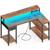 Superjare 47 Inch Reversible L Shaped Desk With Led Lights Power Outlets Computer Desk With Shelves Monitor Stand Gaming D