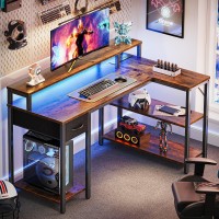 Superjare 47 Inch Reversible L Shaped Desk With Led Lights Power Outlets Computer Desk With Shelves Monitor Stand Gaming D