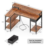 Superjare 47 Inch Reversible L Shaped Desk With Led Lights Power Outlets Computer Desk With Shelves Monitor Stand Gaming D