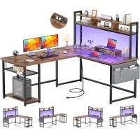 Aheaplus L Shaped Desk With Power Outlet & Led Strip, Reversible L-Shaped Corner Computer Desks Gaming Desk With Storage Shelf & Monitor Stand, Modern Home Office Desk, Writing Desk, Rustic Brown