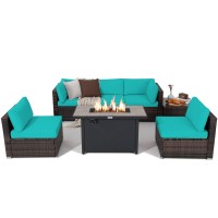 Tangkula 7 Piece Patio Furniture Set With Fire Pit Table, Includes 42 Inches 60,000 Btu Propane Rectangle Fire Pit Table And Protective Cover, Outdoor Cushioned Sectional Sofa Set For 5 (Turquoise)