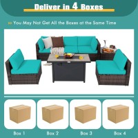 Tangkula 7 Piece Patio Furniture Set With Fire Pit Table, Includes 42 Inches 60,000 Btu Propane Rectangle Fire Pit Table And Protective Cover, Outdoor Cushioned Sectional Sofa Set For 5 (Turquoise)