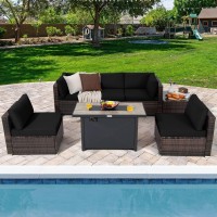 Tangkula 7 Piece Patio Furniture Set With Fire Pit Table, Includes 42 Inches 60,000 Btu Propane Rectangle Fire Pit Table And Protective Cover, Outdoor Cushioned Sectional Sofa Set For 5 (Black)