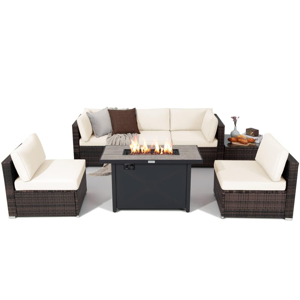 Tangkula 7 Piece Patio Furniture Set With Fire Pit Table, Includes 42 Inches 60,000 Btu Propane Rectangle Fire Pit And Protective Cover, Outdoor Cushioned Sectional Sofa Set For 5 (Off White)