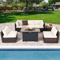 Tangkula 7 Piece Patio Furniture Set With Fire Pit Table, Includes 42 Inches 60,000 Btu Propane Rectangle Fire Pit And Protective Cover, Outdoor Cushioned Sectional Sofa Set For 5 (Off White)