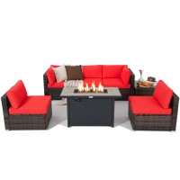 Tangkula 7 Piece Patio Furniture Set With Fire Pit Table, Includes 42 Inches 60,000 Btu Propane Rectangle Fire Pit Table And Protective Cover, Outdoor Cushioned Sectional Sofa Set For 5 (Red)