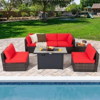 Tangkula 7 Piece Patio Furniture Set With Fire Pit Table, Includes 42 Inches 60,000 Btu Propane Rectangle Fire Pit Table And Protective Cover, Outdoor Cushioned Sectional Sofa Set For 5 (Red)