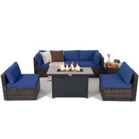 Tangkula 7 Piece Patio Furniture Set With Fire Pit Table, Includes 42 Inches 60,000 Btu Propane Rectangle Fire Pit Table And Protective Cover, Outdoor Cushioned Sectional Sofa Set For 5 (Navy)