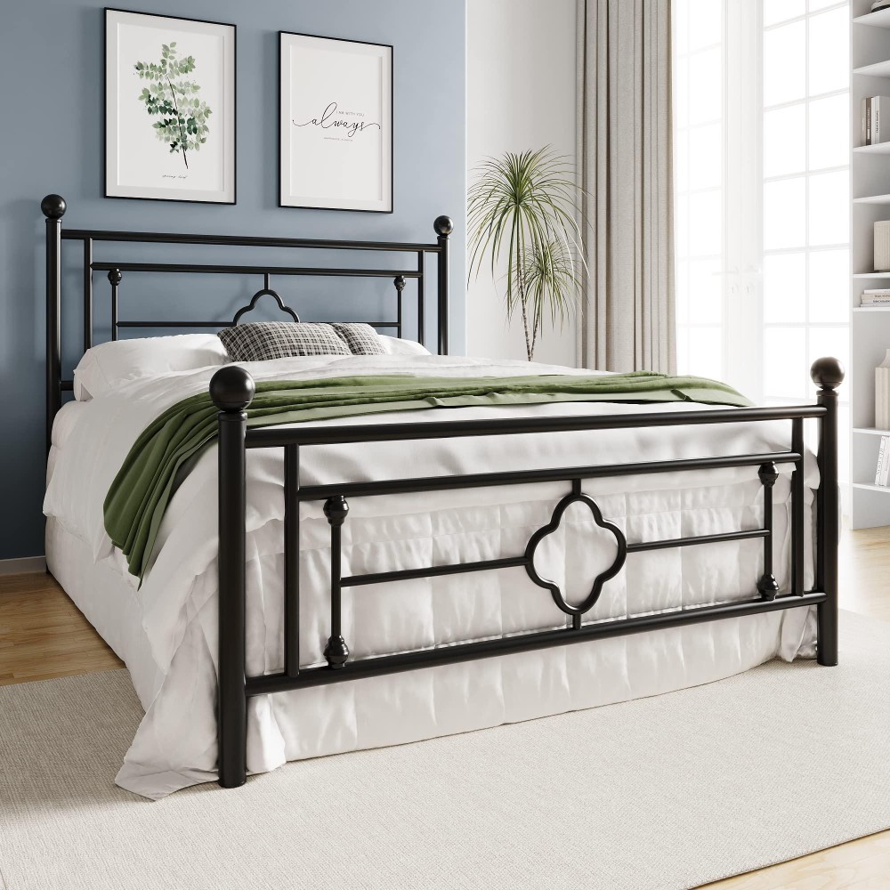 Hoomic 14 Inch Queen Size Metal Platform Bed Frame, Vintage Victorian Style, Wrought Iron Headboard And Footboard/Mattress Foundation For Storage/No Box Spring Required/Easy Assembly/Black
