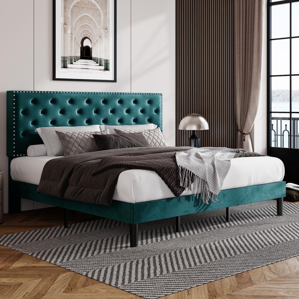 Allewie King Bed Frame, Velvet Upholstered Platform Bed With Adjustable Diamond Button Tufted & Nailhead Trim Headboard, Wood Slat Support, Easy Assembly, No Box Spring Needed, Teal Blue