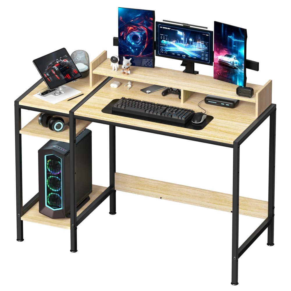 Minosys Small Computer Gaming Desk - 47? Home Office Desk With Storage, Monitor Stand For 2 Monitors, Adjustable Storage Space, Writing,Modern Design Corner Table, Beech.