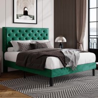 Allewie Queen Bed Frame, Velvet Upholstered Platform Bed With Adjustable Diamond Button Tufted & Nailhead Trim Headboard, Wood Slat Support, Easy Assembly, No Box Spring Needed, Dark Green