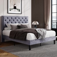 Allewie Full Bed Frame, Velvet Upholstered Platform Bed With Adjustable Diamond Button Tufted & Nailhead Trim Headboard, Wood Slat Support, Easy Assembly, No Box Spring Needed, Light Grey