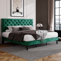 Allewie King Bed Frame, Velvet Upholstered Platform Bed With Adjustable Diamond Button Tufted & Nailhead Trim Headboard, Wood Slat Support, Easy Assembly, No Box Spring Needed, Dark Green