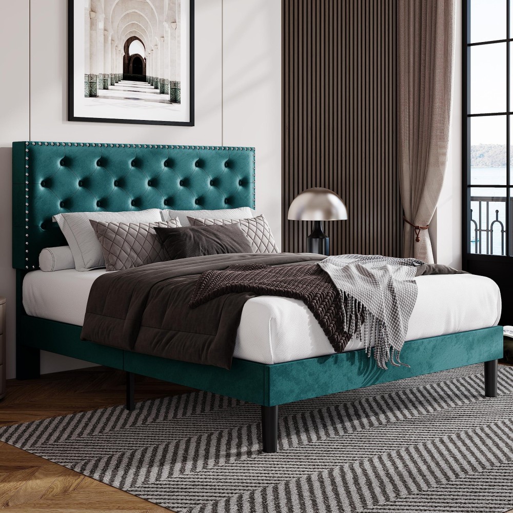 Allewie Full Bed Frame, Velvet Upholstered Platform Bed With Adjustable Diamond Button Tufted & Nailhead Trim Headboard, Wood Slat Support, Easy Assembly, No Box Spring Needed, Teal Blue