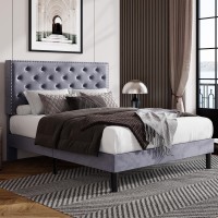 Allewie Queen Bed Frame, Velvet Upholstered Platform Bed With Adjustable Diamond Button Tufted & Nailhead Trim Headboard, Wood Slat Support, Easy Assembly, No Box Spring Needed, Light Grey