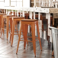 Kai Commercial Grade 30 High Backless Orange Metal IndoorOutdoor Barstool with Square Teak Poly Resin Wood Seat