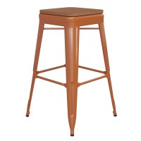 Kai Commercial Grade 30 High Backless Orange Metal IndoorOutdoor Barstool with Square Teak Poly Resin Wood Seat