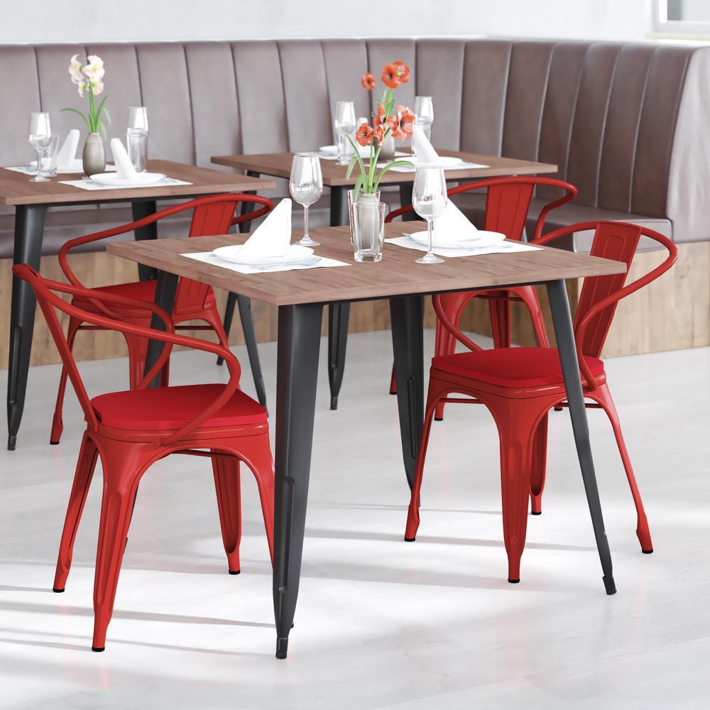 Luna Commercial Grade Red Metal IndoorOutdoor Chair with Arms with Red Poly Resin Wood Seat