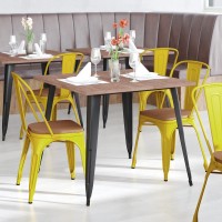 Perry Commercial Grade Yellow Metal IndoorOutdoor Stackable Chair with Teak Poly Resin Wood Seat