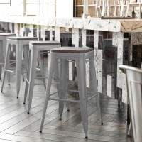 Kai Commercial Grade 30 High Backless Silver Metal IndoorOutdoor Barstool with Square Gray Poly Resin Wood Seat