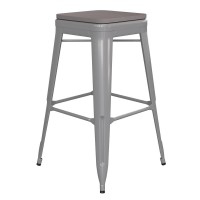 Kai Commercial Grade 30 High Backless Silver Metal IndoorOutdoor Barstool with Square Gray Poly Resin Wood Seat