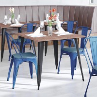 Perry Commercial Grade Blue Metal Indoor-Outdoor Stackable Chair With Teal-Blue Poly Resin Wood Seat