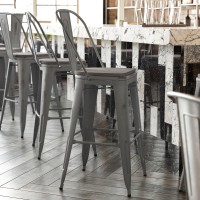 Lincoln 30 High Clear Coated Indoor Barstool with Back and Gray Poly Resin Wood Seat
