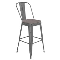 Lincoln 30 High Clear Coated Indoor Barstool with Back and Gray Poly Resin Wood Seat