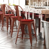 Carly Commercial Grade 24 High Kelly Red Metal IndoorOutdoor Counter Height Stool with Back with Red Poly Resin Wood Seat