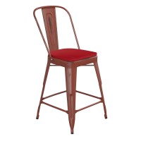 Carly Commercial Grade 24 High Kelly Red Metal IndoorOutdoor Counter Height Stool with Back with Red Poly Resin Wood Seat