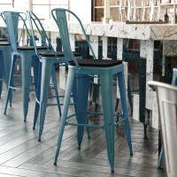 Carly Commercial Grade 30 High Kelly BlueTeal Metal IndoorOutdoor Barstool with Back with Black Poly Resin Wood Seat