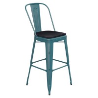 Carly Commercial Grade 30 High Kelly BlueTeal Metal IndoorOutdoor Barstool with Back with Black Poly Resin Wood Seat