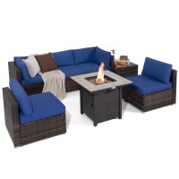 Tangkula 7 Piece Patio Furniture Set With Fire Pit Table, Patiojoy Outdoor Pe Wicker Conversation Sectional Sofa Set With 30 Inches 50,000 Btu Propane Fire Pit Table, Waterproof Pvc Cover (Navy)