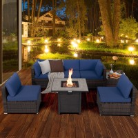 Tangkula 7 Piece Patio Furniture Set With Fire Pit Table, Patiojoy Outdoor Pe Wicker Conversation Sectional Sofa Set With 30 Inches 50,000 Btu Propane Fire Pit Table, Waterproof Pvc Cover (Navy)