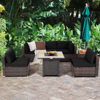 Tangkula 7 Piece Patio Furniture Set With Fire Pit Table, Patiojoy Outdoor Pe Wicker Conversation Sectional Sofa Set With 30 Inches 50,000 Btu Propane Fire Pit Table, Waterproof Pvc Cover (Black)