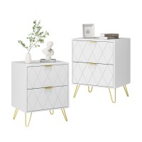 Anbuy White Nightstand Set Of 2 End Side Table Double Bedside Table With 2 Drawers Dual Night Stand Metal Gold Legs For Bedro