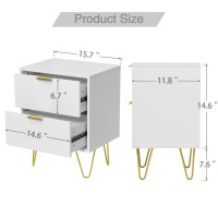 Anbuy White Nightstand Set Of 2 End Side Table Double Bedside Table With 2 Drawers Dual Night Stand Metal Gold Legs For Bedro