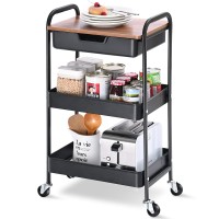 Toolf 3-Tier Utility Rolling Cart With Wooden Board And Drawer, Metal Storage Cart With Handle, Black Trolley Kitchen Organizer Rolling Desk With Locking Wheels For Office, Classroom, Home, Bedroom