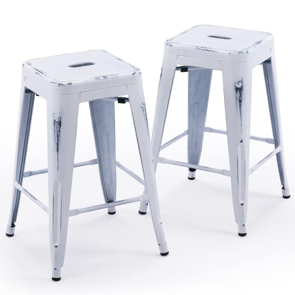 Vogue Furniture Direct 24 Inch Metal Bar Stools, Backless Counter Height Barstools, Indoor Outdoor Stackable Stools With Square Seat, Set Of 2 (Distressed White)