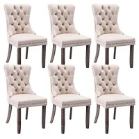 Virabit Tufted Dining Chairs Set Of 6, Velvet Upholstered Dining Chairs With Nailhead Back And Ring Pull Trim, Solid Wood Dining Chairs For Kitchen/Bedroom/Dining Room (Beige)