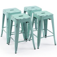 Vogue Furniture Direct 24 Inch Metal Bar Stools, Backless Counter Height Barstools, Indoor Outdoor Stackable Stools With Square Seat, Set Of 4 (Distressed Mint Green)