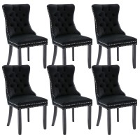 Virabit Tufted Dining Chairs Set Of 6, Velvet Upholstered Dining Chairs With Nailhead Back And Ring Pull Trim, Solid Wood Dining Chairs For Kitchen/Bedroom/Dining Room (Black)